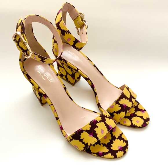 Kate Spade Susane Rich Fudge Sandals Floral Yellow Ankle Strap Block Heel Pumps - Picture 3 of 11
